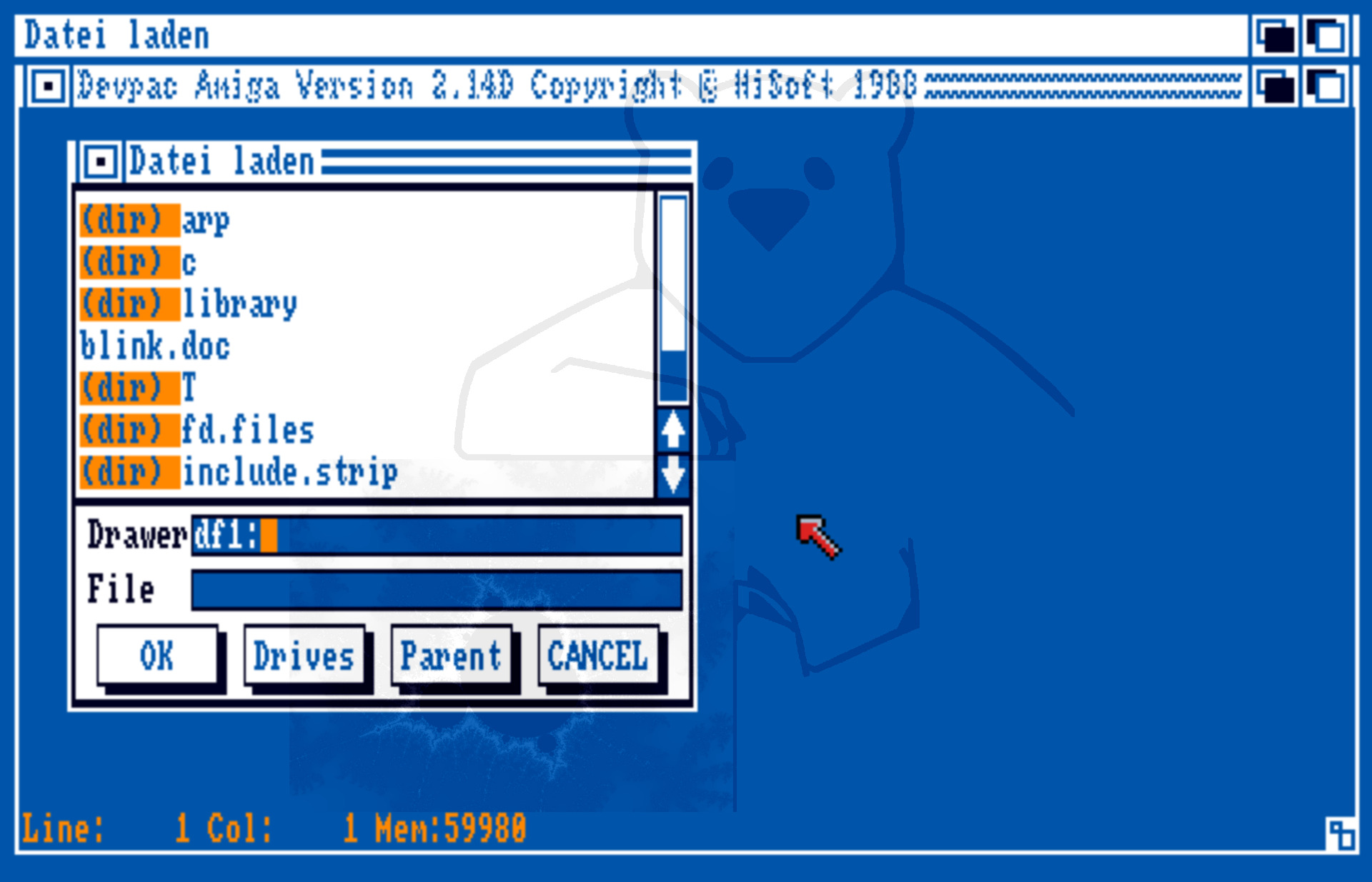 HiSoft DevPac Assembler 2.14D - Programmstart und Dateiauswahl